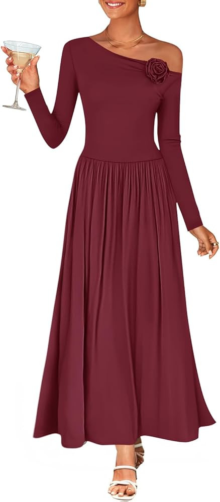 ZESICA Women's 2025 Fall Long Sleeve Off Shoulder Maxi Dress Pleated Elegant Formal Wedding Guest... | Amazon (US)