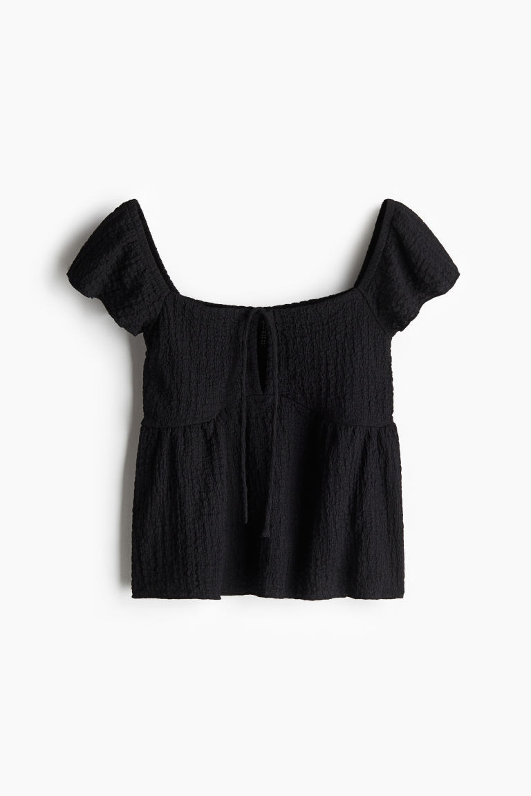 H & M - Crinkled Flutter-Sleeved Top - Black | H&M (US + CA)
