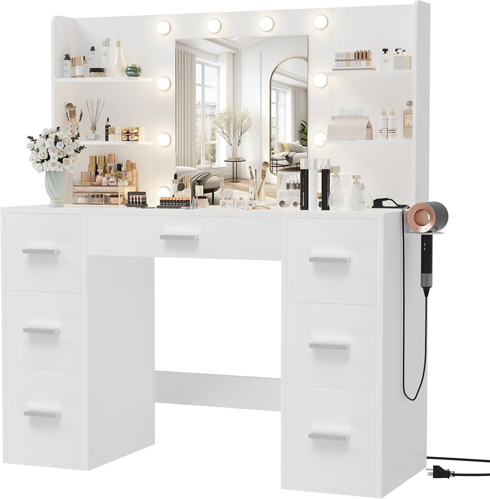 Furmax Vanity Desk with Mirror, LED Lights and Power Outlet Makeup Vanity Table with 7 Drawers an... | Amazon (US)
