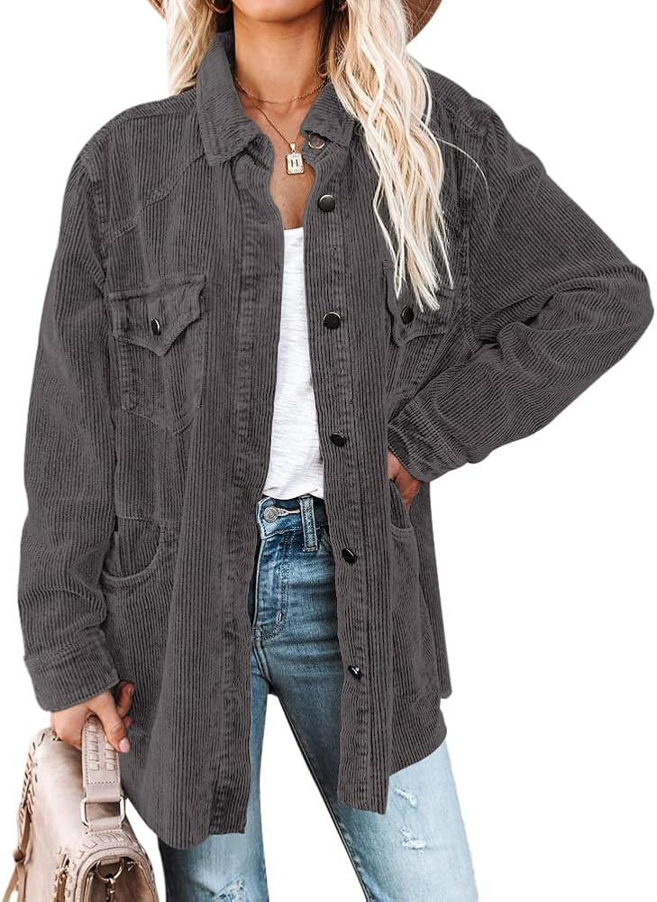 Womens Long Sleeve Button Down Corduroy Shacket Oversized Casual Collard Shirt Jacket with Pockets | Amazon (US)