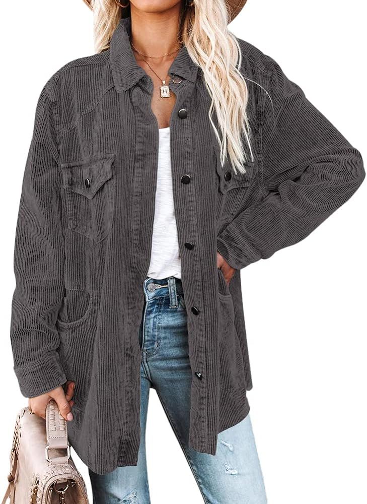 Womens Long Sleeve Button Down Corduroy Shacket Oversized Casual Collard Shirt Jacket with Pockets | Amazon (US)