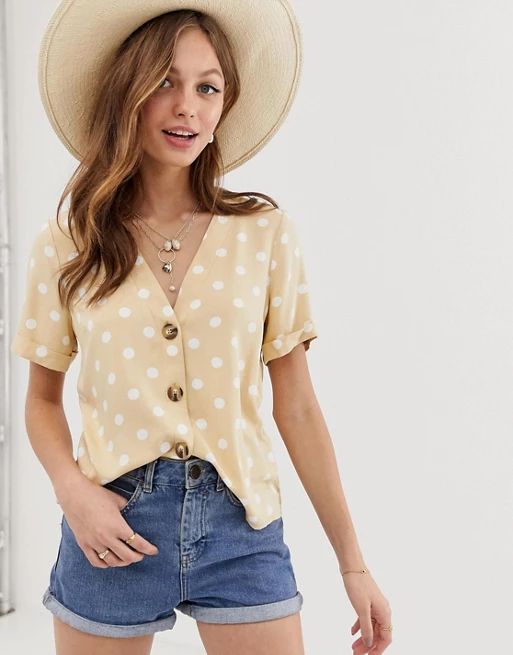 ASOS DESIGN boxy top with contrast buttons in polka dot | ASOS US