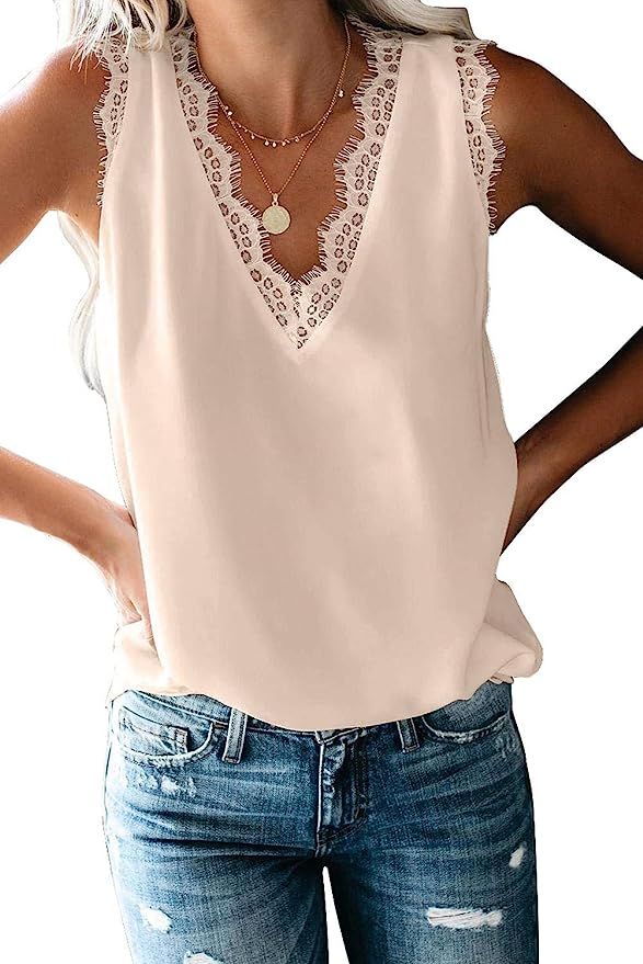 lime flare Dressy Popular Summer Lace Trim Sleeveless Cami Tank Tops | Amazon (US)