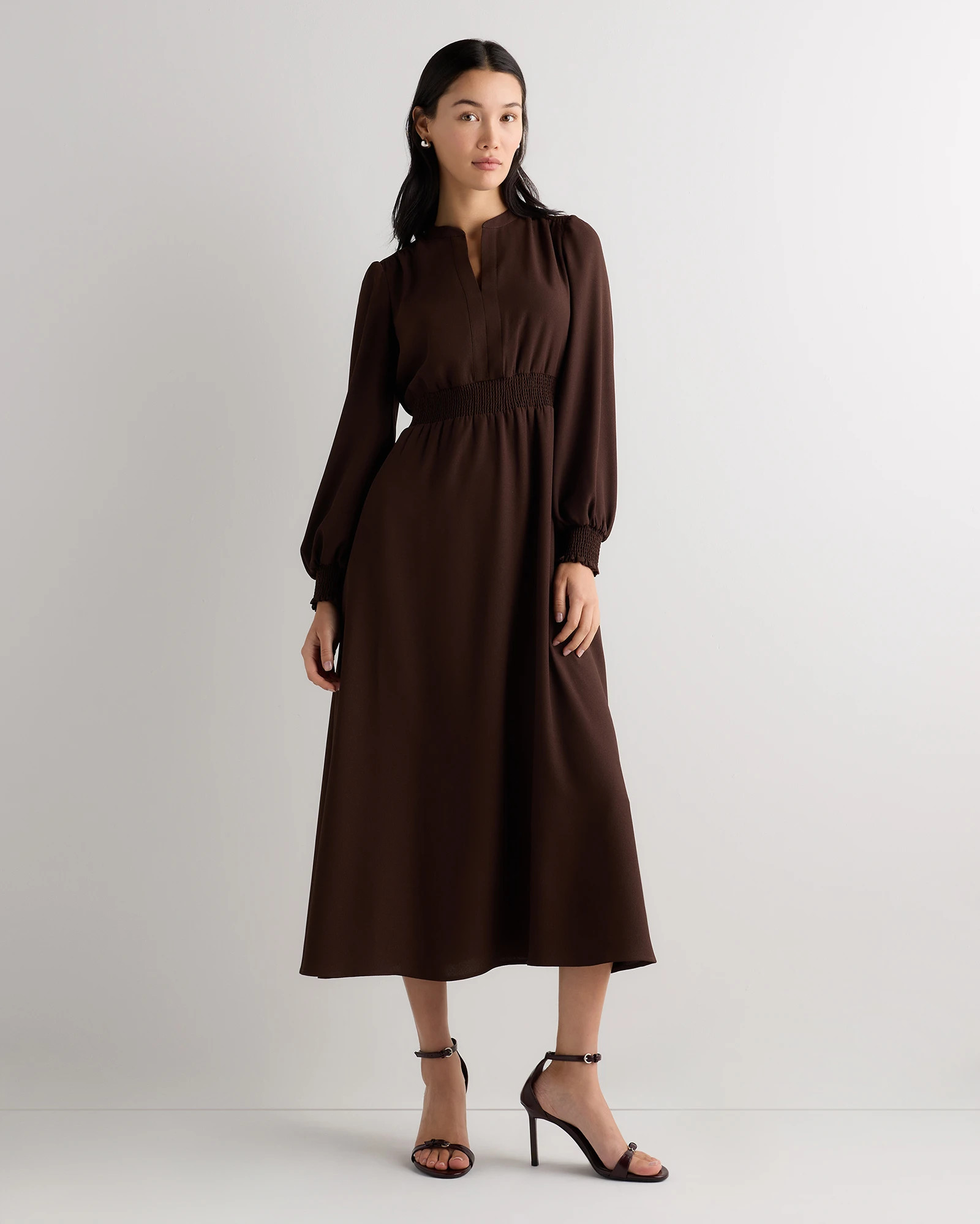 Quince | Women's Matte Crepe Long Sleeve Midi Dress in True Black, Size Medium, Viscose | Quince