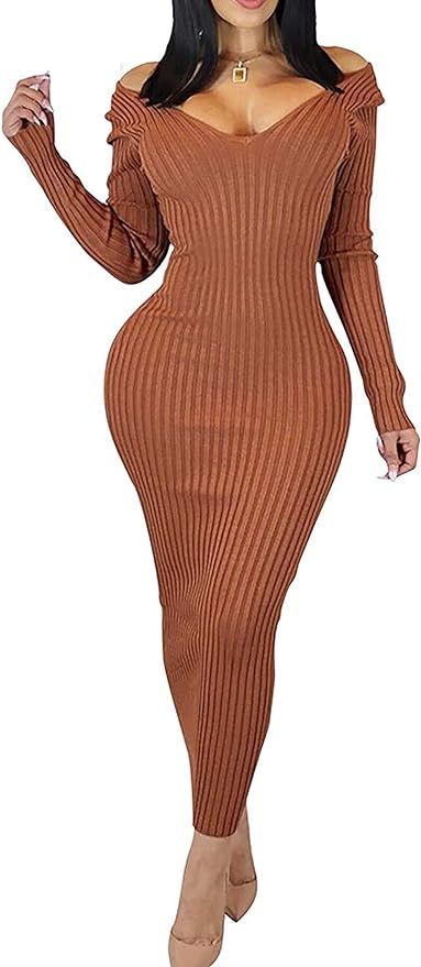 Cinyifaan Women's Casual Off Shoulder Long Sleeves Slim Knit Bodycon Sweater Dress Midi Pencil Dr... | Amazon (US)