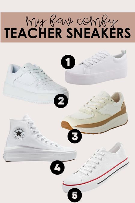 Fav comfy teacher sneakers!!
My most worn sneakers in the classroom! I own and love teaching in these sneakers! 

1: true to size! love the platform look but they’re not super stiff like others I’ve had like them

2: true to size & such a great dupe! can’t believe how inexpensive these are! probably my most worn!

3: I sized up half but I could’ve done my usual size I think! super comfy & cute!

4: true to size! love that these converse have some more arch support & cushion to them! Makes them really comfy! I also have them in Black!

5: true to size & a great dupe of you don’t wanna spend the money on the brand!

Teacher Fashion | Teacher Style | Teacher Shoes | White Sneakers | Womens Fashion | Comfy and Cute Sneakers 

#LTKBacktoSchool #LTKshoecrush #LTKworkwear