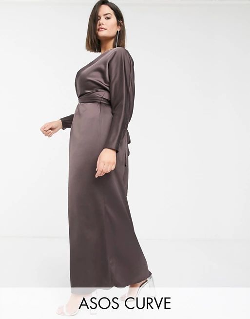 ASOS DESIGN Curve maxi dress with batwing sleeve and wrap waist in satin | ASOS US