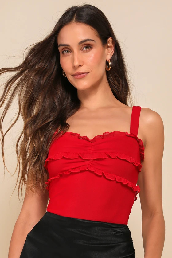 Essentially Iconic Red Mesh Ruffled Sleeveless Bodysuit | Lulus