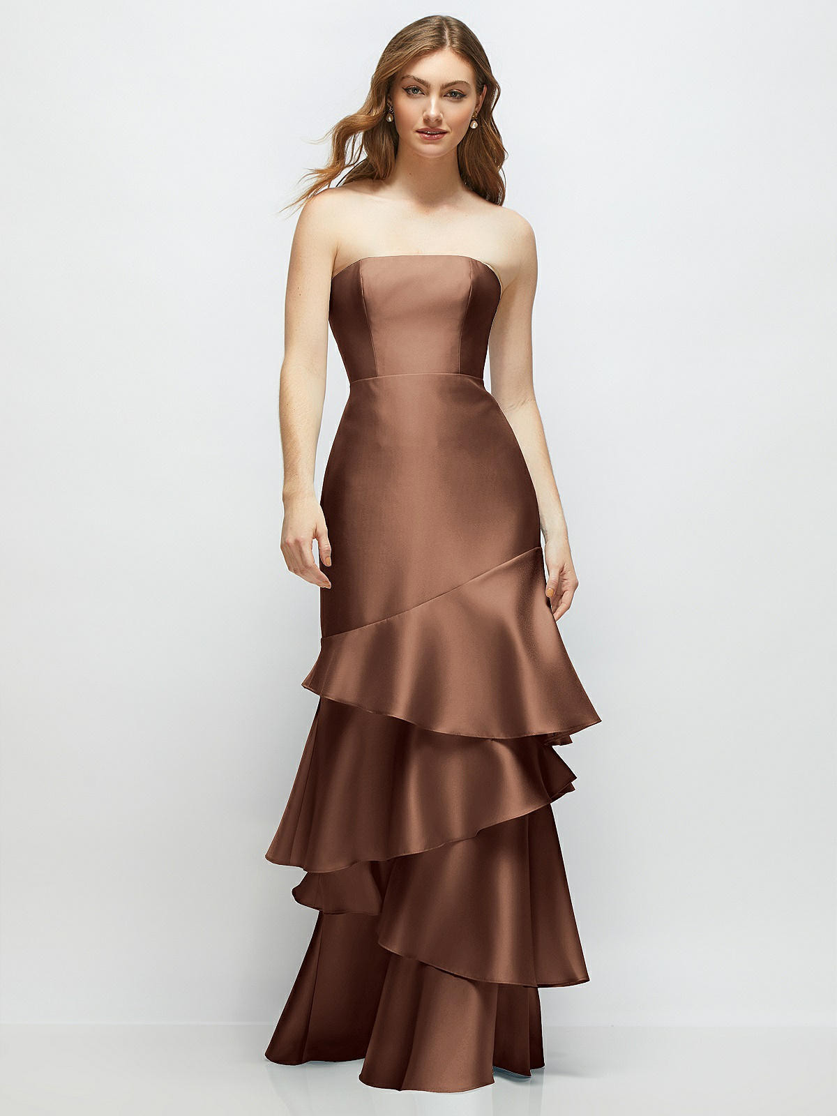 Strapless Bodycon Maxi Dress with Tiered Ruffle Skirt in Cognac | Dessy Group