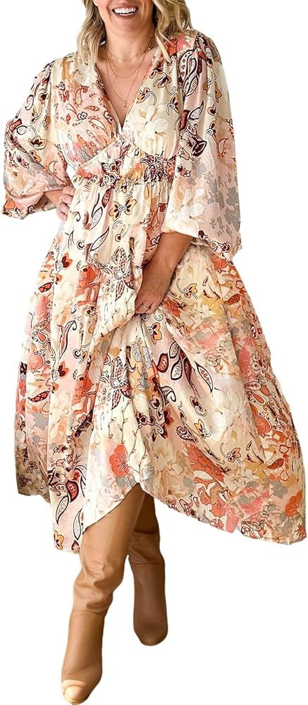 Sissyaki Women's Long Sleeve Boho Floral Maxi Dress Multi Print M | Amazon (US)