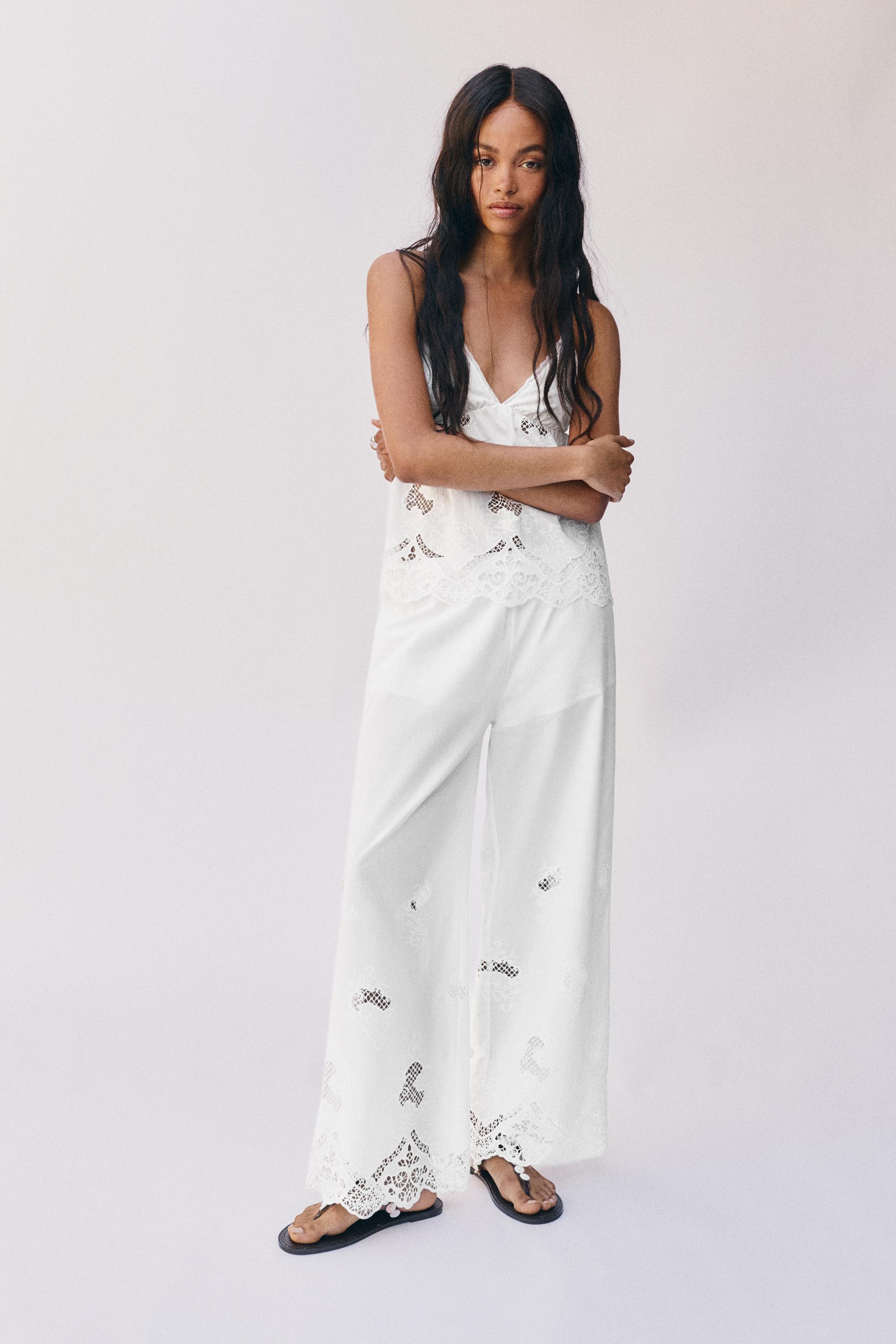White trousers with Swiss embroidery | Pull&Bear United Kingdom | PULL and BEAR UK