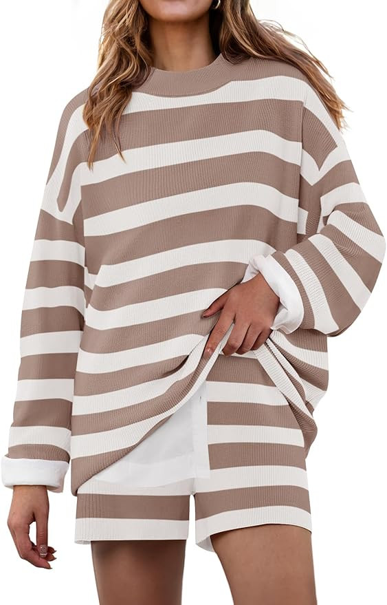 ZESICA Striped Lounge Sets for Women Fall 2025 2 Piece Oversized Outfits Long Sleeve Tops and Sho... | Amazon (US)