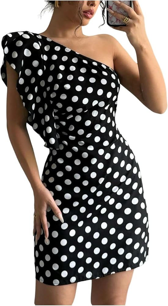 OYOANGLE Women's Polka Dots Formal Bodycon Dress Ruffle One Shoulder Sleeveless Elegant Mini Dres... | Amazon (US)