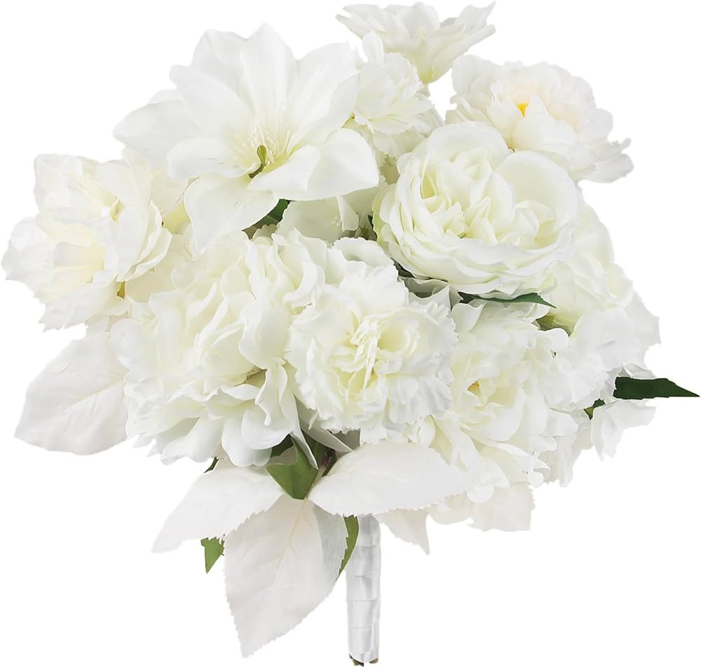 Rinlong 11.8" White Bridal Bouquet Wedding Bouquets for Bride Artificial Silk White Bride Bouquet... | Amazon (US)