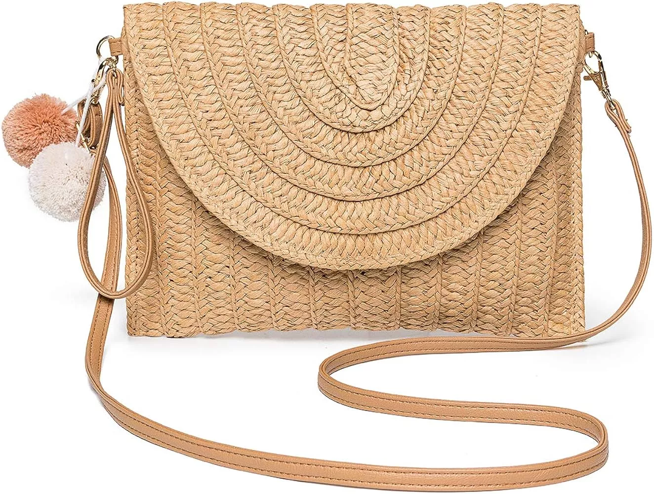 QTKJ Summer Beach Bag, Boho Handmade Rattan Handbag, Round Bamboo