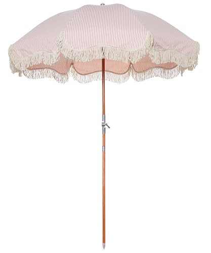 Business & Pleasure Co. Premium Beach Umbrella - Luxury Boho Beach Umbrella with White Fringe, UPF 50+ UV, Wood Pole, 6' x 7', Lauren's Pink Stripe | Amazon (US)
