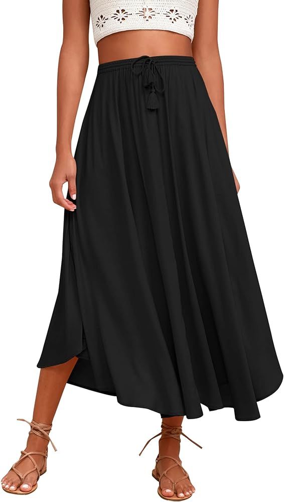 Zeagoo Women Casual Maxi Skirts Elastic High Waisted Flowy Skirts Summer Lightweight Long Skirts | Amazon (US)