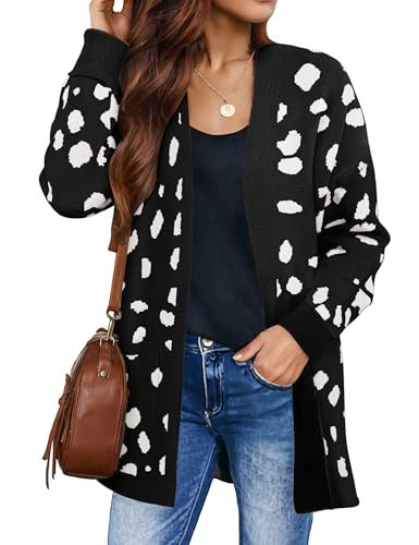 ZESICA Women's Fall Winter Long Sleeves Open Front Leopard Print Knitted Sweater Cardigan Coat Outwear,A Black,XX-Large | Amazon (US)