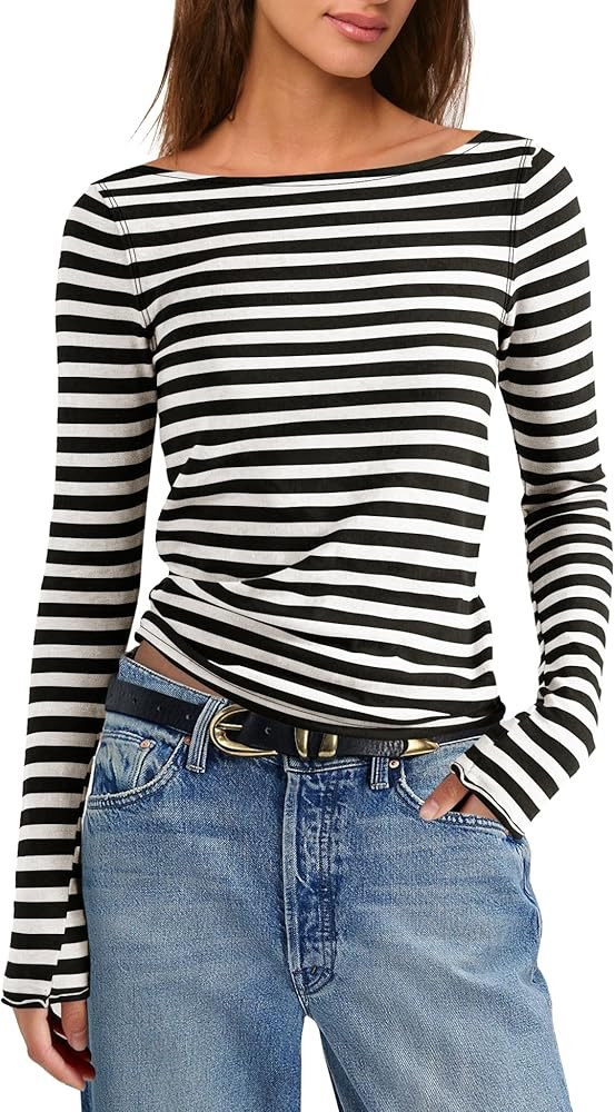 ReachMe Womens Striped Long Sleeve Shirts Off The Shoulder Undershirt Boat Neck Tops Summer Layer... | Amazon (US)
