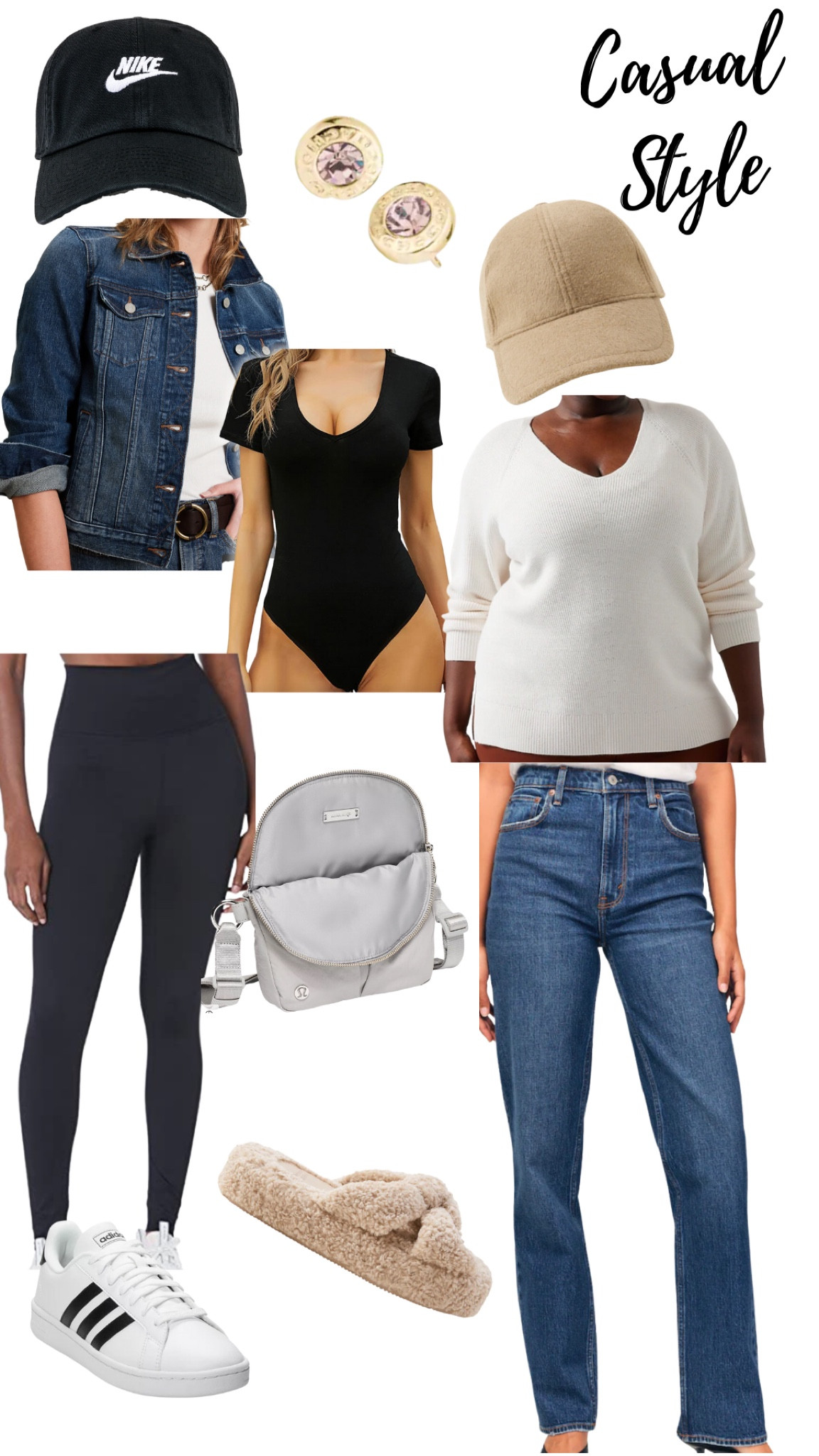 Affordable fashion 
White shoes
Ugh slipper 
Lululemon cross body 
Belt bag 
Denim jacket 
Nike hat 
Black bodysuit 
Amazon fashion 

#LTKsalealert #LTKunder50 #LTKstyletip