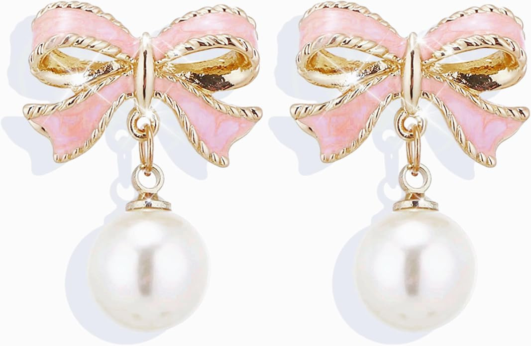 Gold Pearl Bow Earrings For Women Trendy Pink Coquette Drop Stud Ribbon Silver Earrings Dangle Je... | Amazon (US)