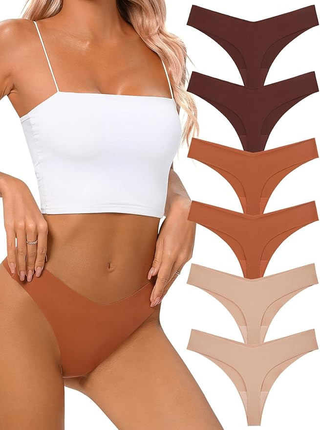 Seamless Thongs for Women No Show Thong V-waisted Stretch Breathable Sexy Panties Underwear 6 Pac... | Amazon (US)