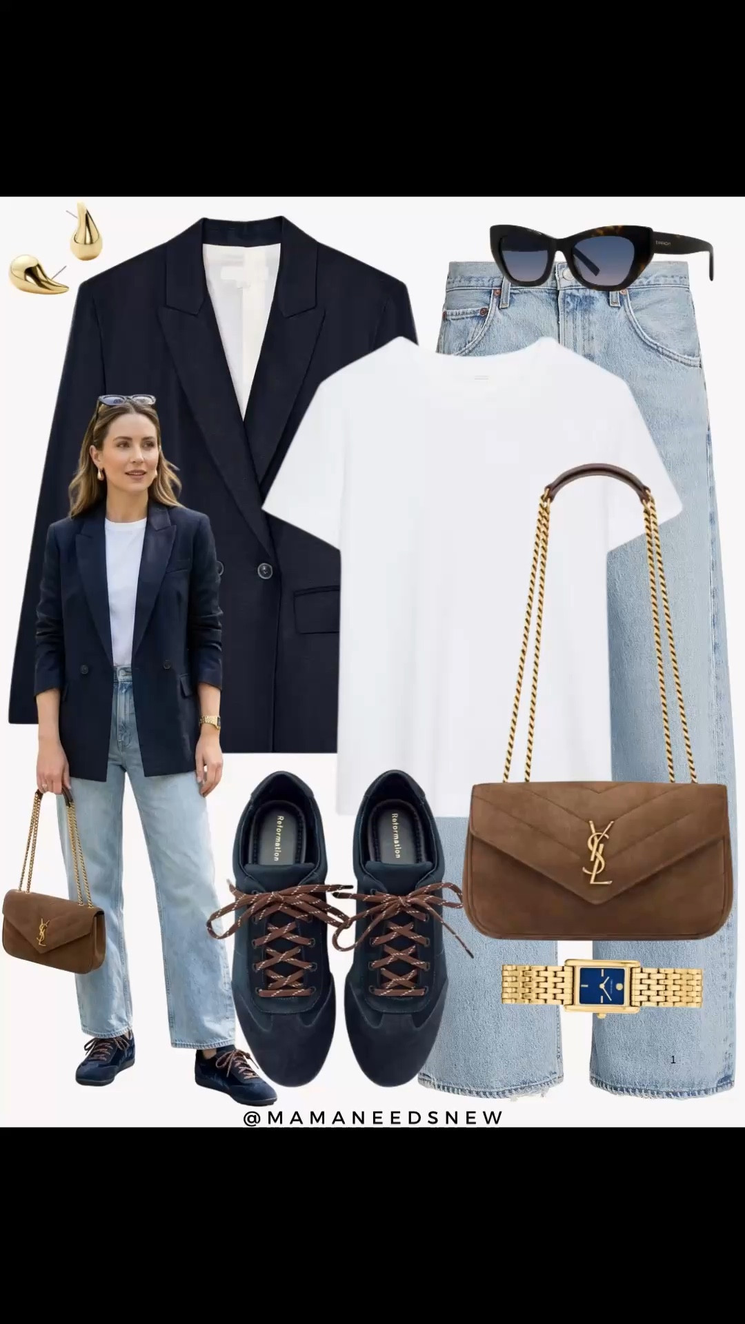 A spring outfit with a navy blazer, light jeans, suede shoulder bag, suede navy sneakers, white tshirt 

#LTKSeasonal #LTKSaleAlert #LTKootd
