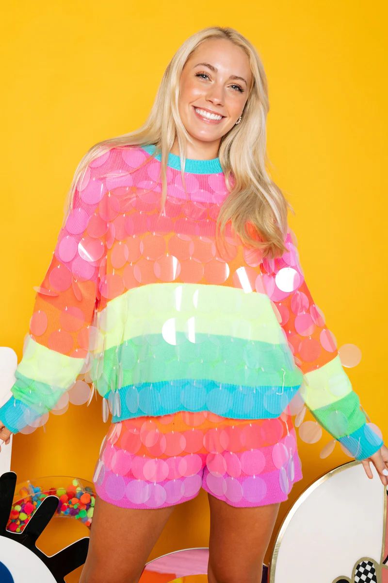 Neon Stripe Clear Sequin Sweater | Queen of Sparkles