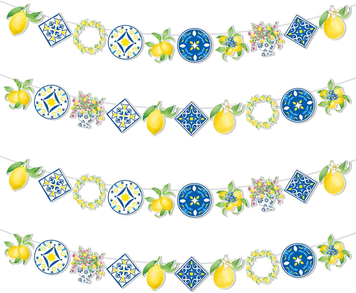 Capri Lemon Party Decorations 4 Pack Mediterranean Banner Garland Blue and Yellow Tile Design Lem... | Amazon (US)