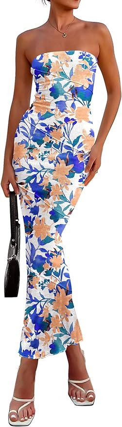 PRETTYGARDEN Women's 2025 Summer Floral Bodycon Maxi Dresses Ribbed Strapless Tube Casual Boho Pa... | Amazon (US)