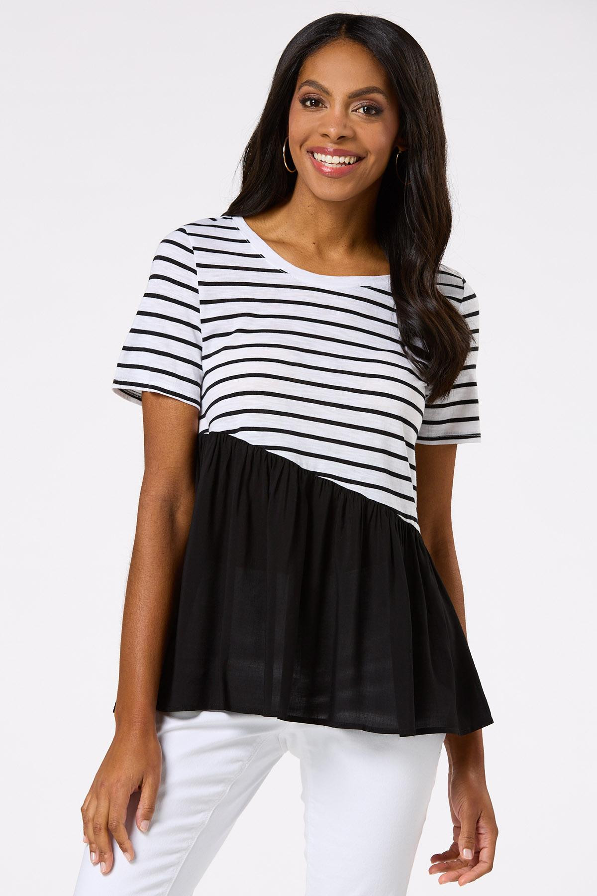Asymmetrical Flounced Stripe Top | Cato Fashions