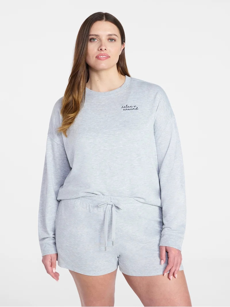 Joyspun Women's French Terry Long Sleeve Top and Shorts Lounge Set, 2-Piece, Sizes XS-3X | Walmart (US)