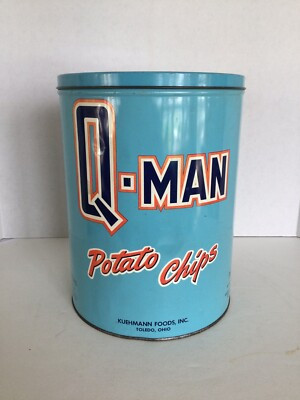 Vintage Q-Man Potato Chip Tin Can 1 Lb., Kuehmann Foods Inc., Toledo, OH | eBay US