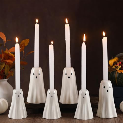 Mumufy 6 Pcs Halloween Ghost Candlestick Holder Ceramic Ghost Shape Candle Stick Holder Halloween Taper Candleholder Decorative Centerpiece for Table Wedding Holiday Office Home Decor Gift, Mixed Size | Amazon (US)