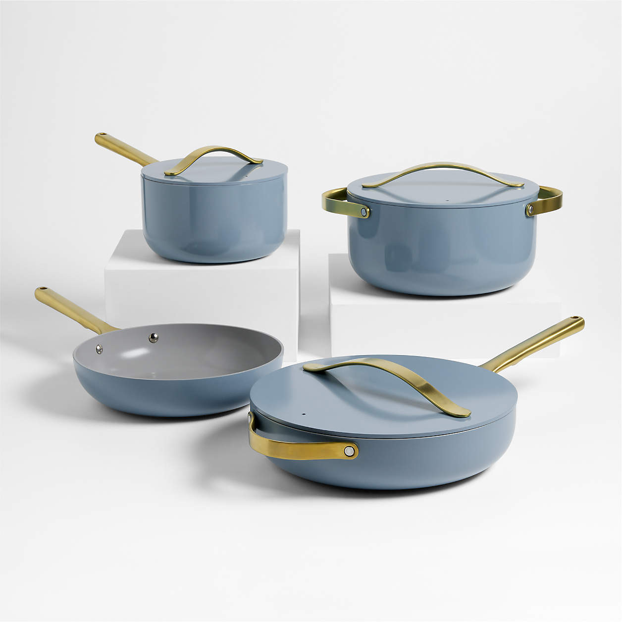 Caraway Blue Lagoon Ceramic Non-Stick 12-Piece Cookware Set with Gold Hardware + Reviews | Crate ... | Crate & Barrel