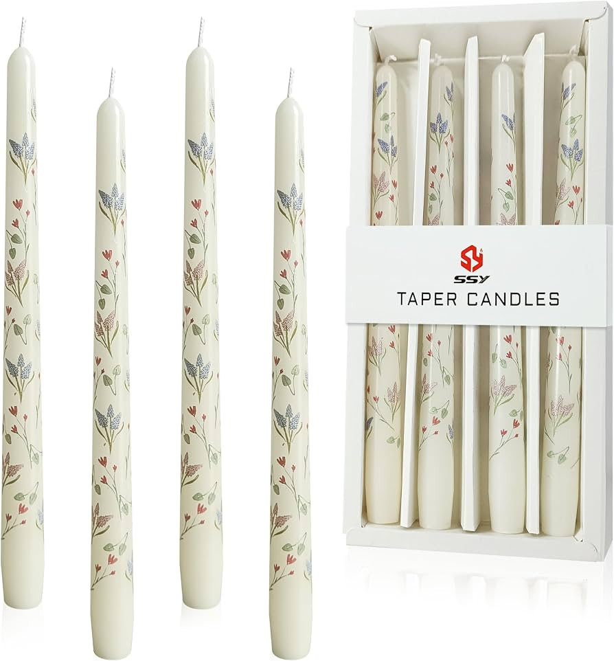 Hyacinth Printed Taper Candle Dripless Candles Sticks - 4 pcs Handmade White Taper Candle 10 inch... | Amazon (US)