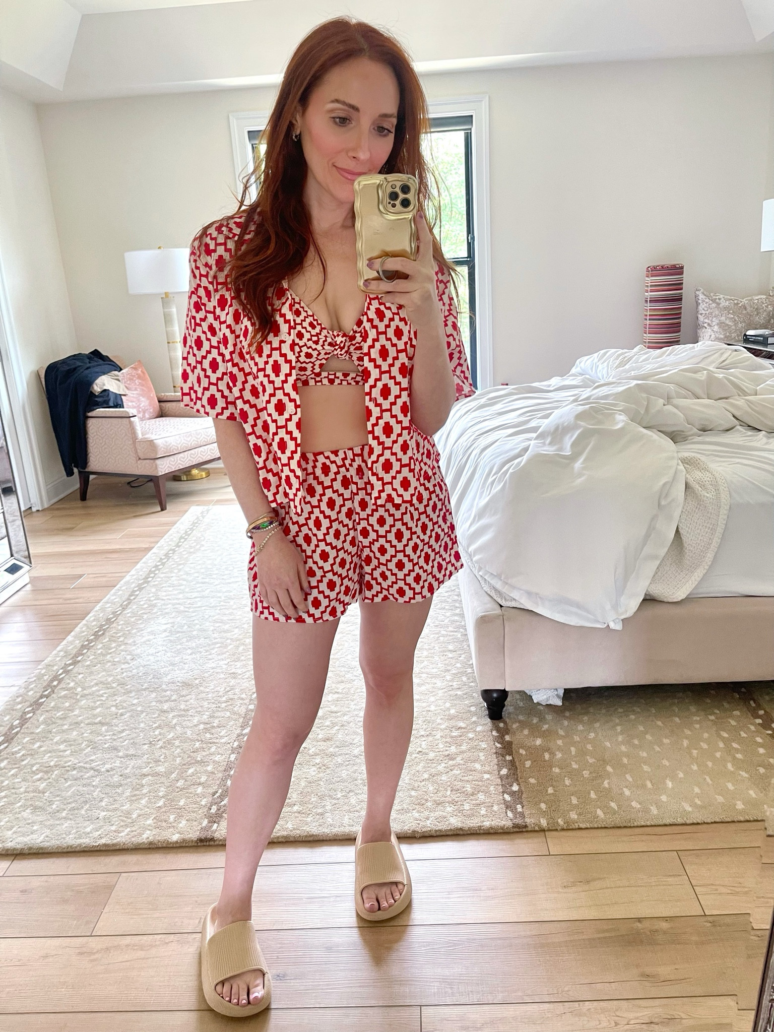 Wearing a small top, medium shorts, medium bikini bottoms, and my usual bra size in the top.