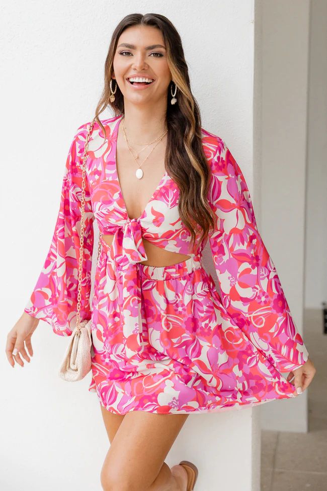 Taking Sides In Fierce Floral Tie Front Dress | Pink Lily