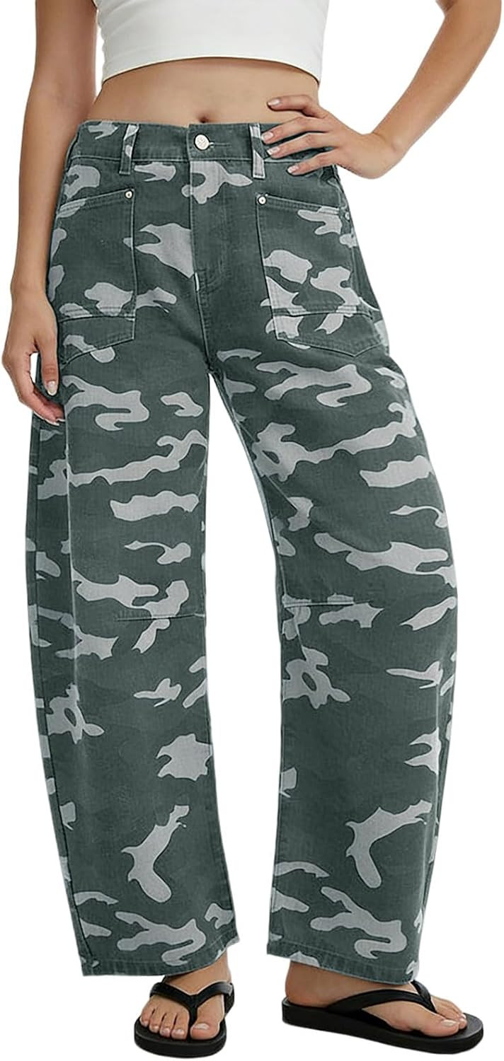 loveimgs Women Baggy Barrel Jeans Camo Print Wide Leg Denim Pants Ankle | Amazon (US)
