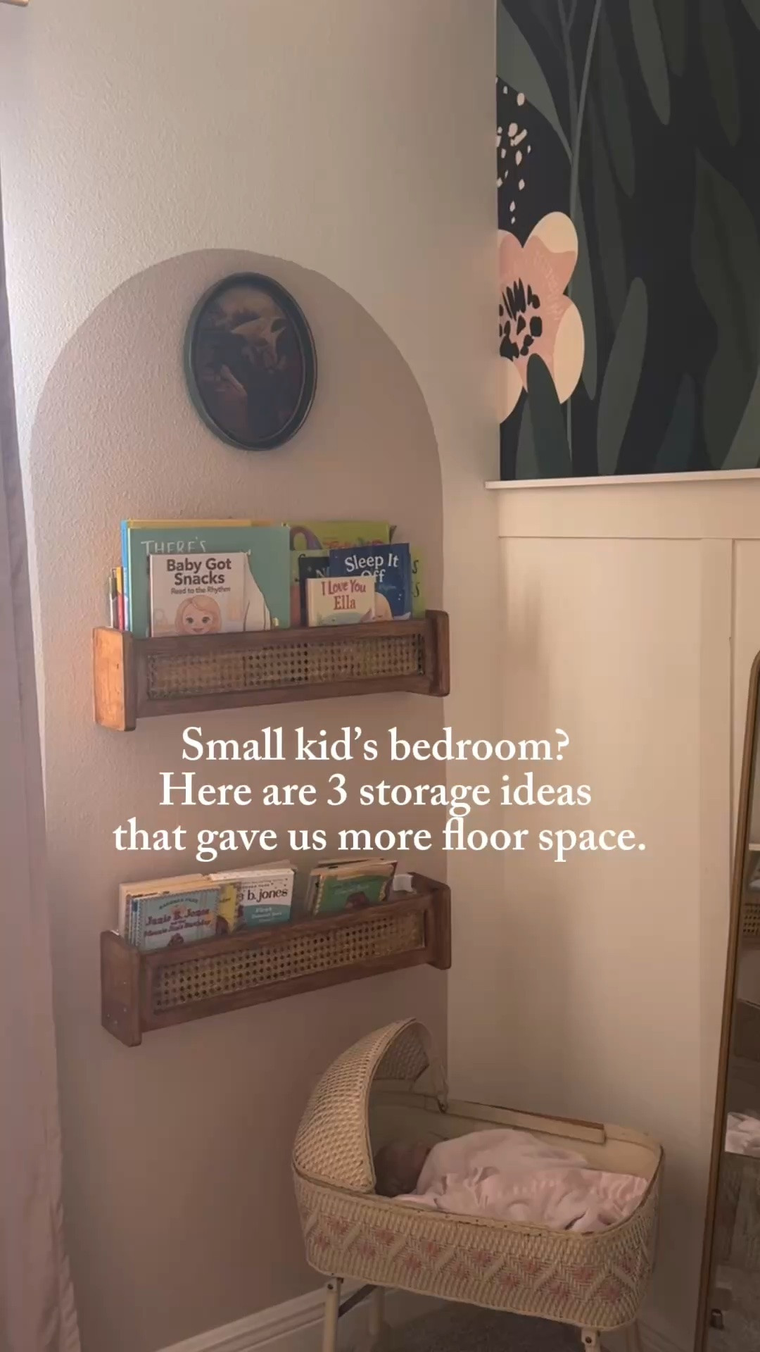 All I did to make this bookshelf is I held up my arched top mirror from my bedroom and I traced it and then I just painted inside the lines and hung the shelves right over it. I got these shelves on Etsy and then stain them myself so you can match them to whatever is in your kids room.
Then I get a set of the over the door hangers from Amazon, which I also used on the wall in her playroom and then any kind of closet organizer system for A regular closet will help with your floor space! This closet system will also grow with her as her clothes grow.

Save this for when you’re organizing your kids room!

#LTKmomlife #LTKHome #LTKKids