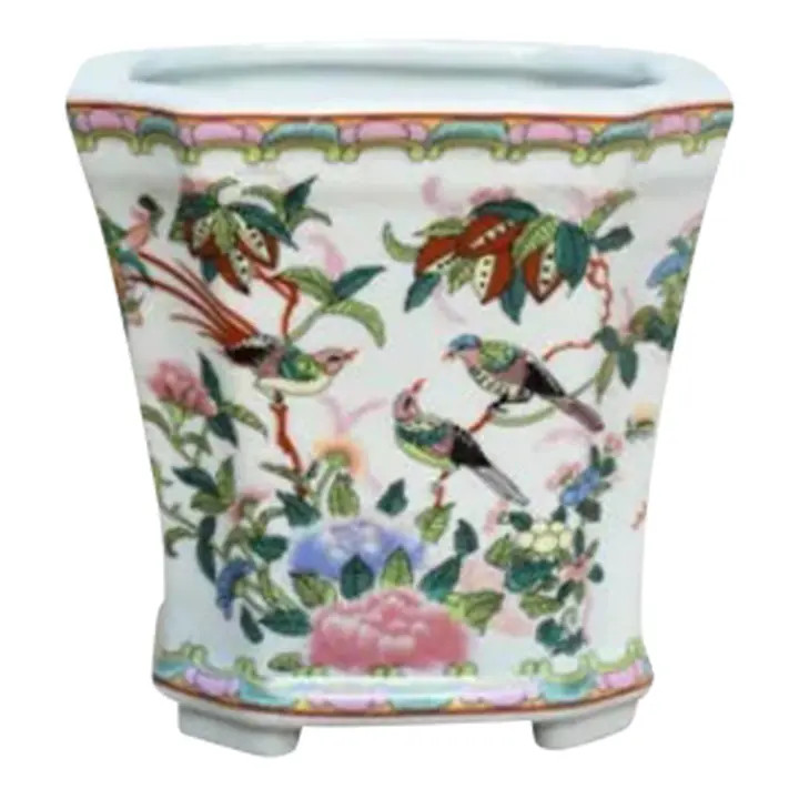 Chinoiserie Square Bird Porcelain Cachepot / Planter / Vase | Chairish