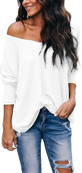 Womens Off The Shoulder Tops V Neck Sweaters Waffle Knit Shirt One Shoulder Oversized Long Sleeve... | Amazon (US)