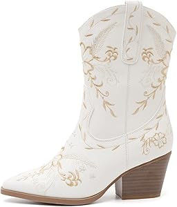 ANJOUFEMME Western Women's Cowboy Cowgirl Boots,Embroidered Round-toe Mid-calf Boots | Amazon (US)