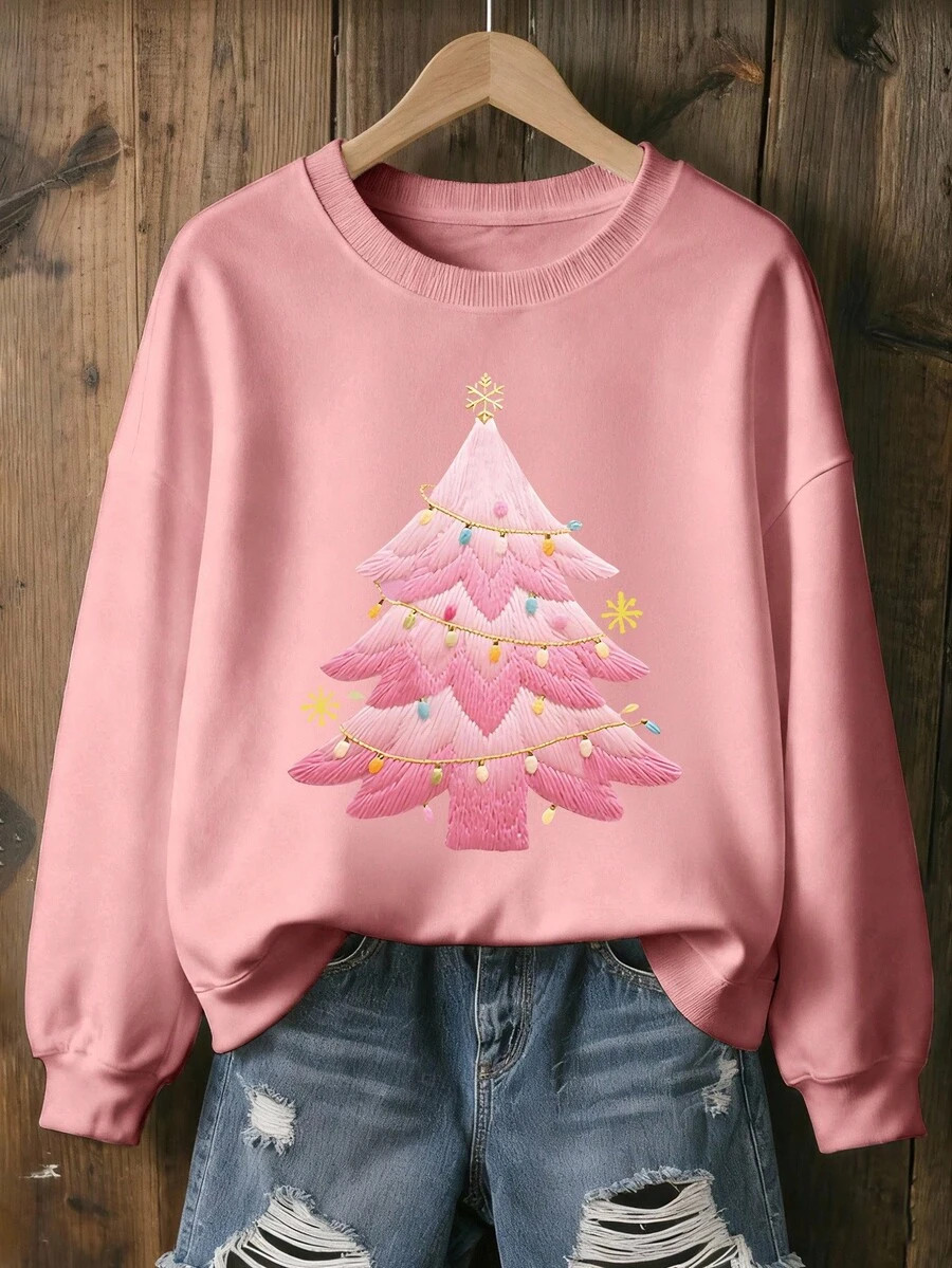EMERY ROSE Women's Comfortable Crew Neck Christmas Tree Pattern Sweatshirt, Suitable For Holidays... | SHEIN