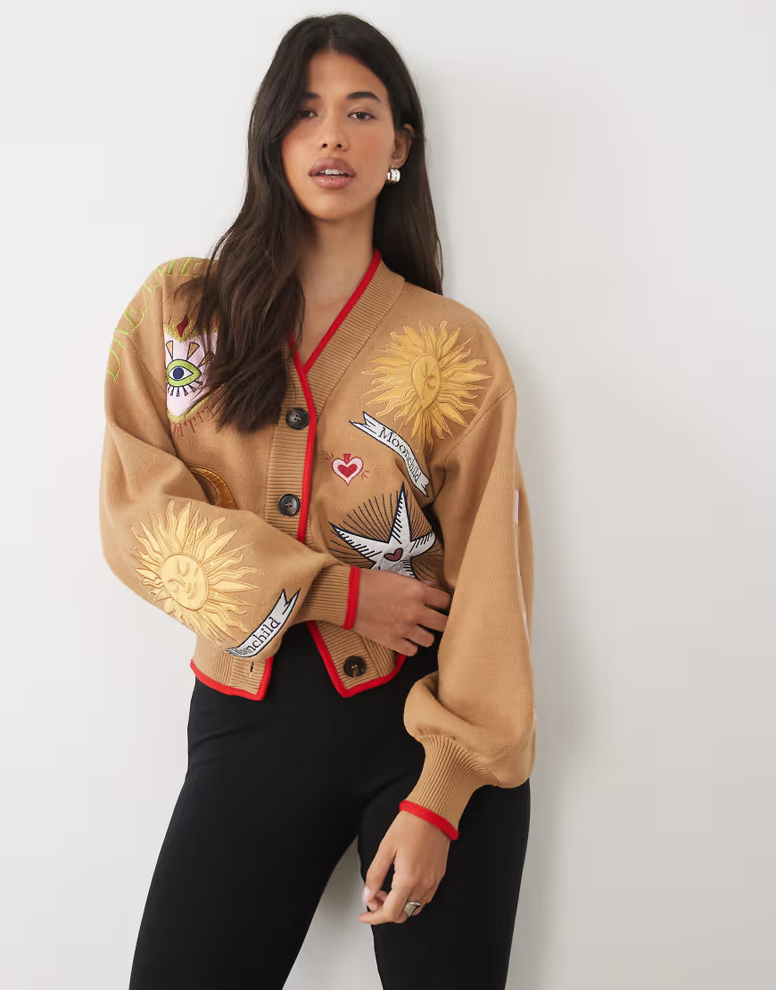 Never Fully Dressed Mystical embroidered contrast edge cardigan in camel-Neutral | ASOS (Global)