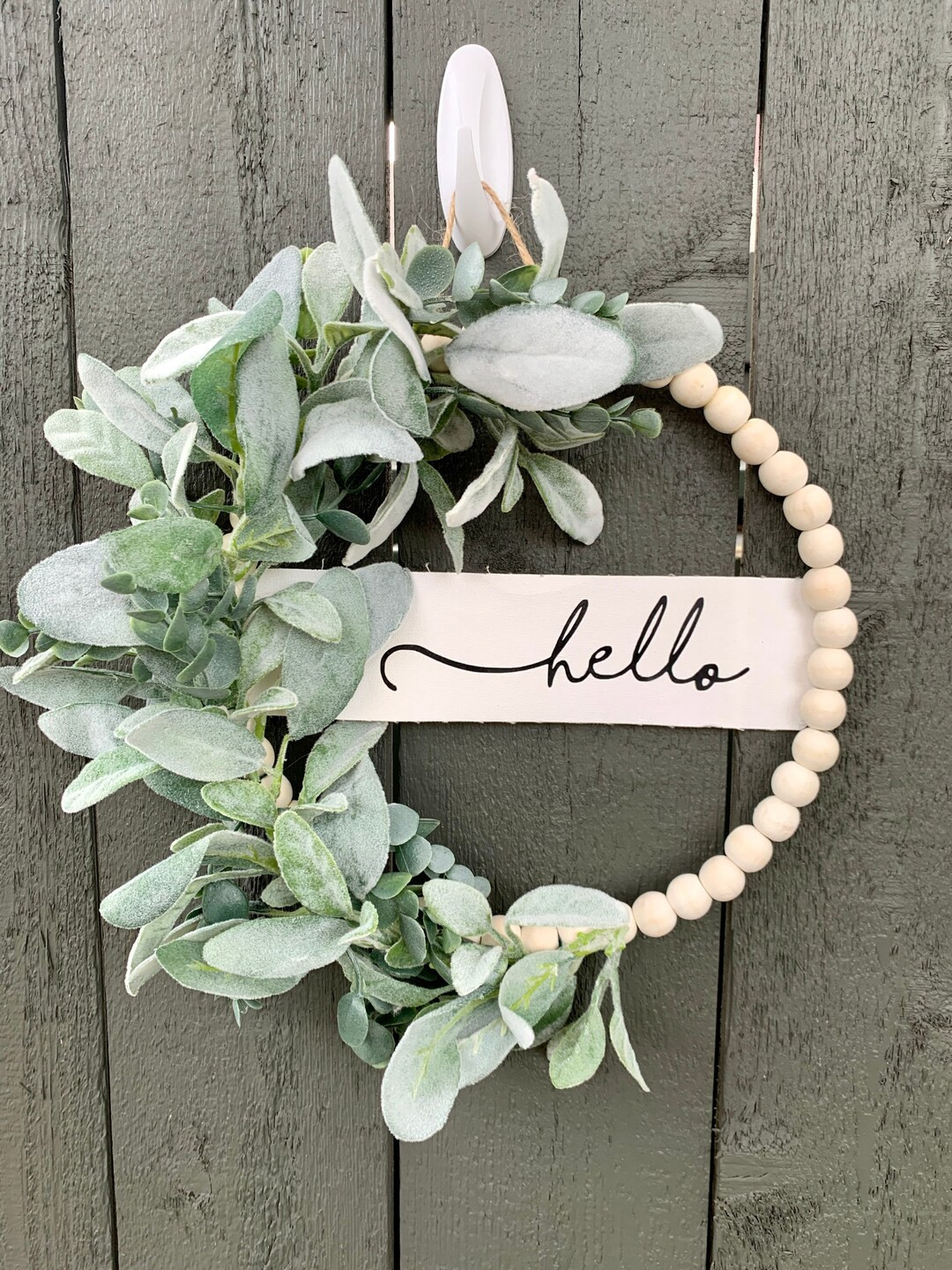 Hello Front Door Wreath, Neutral Modern Wood Bead Wreath, Hoop Wreath With Lambs Ear and Eucalypt... | Etsy (US)