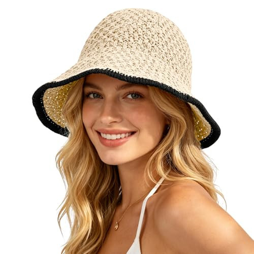Sun Hat for Women Summer Straw Beach Hats Floppy Crochet Hat UV Protection Travel Bucket Hat Foldable Packable Beige/Black | Amazon (US)