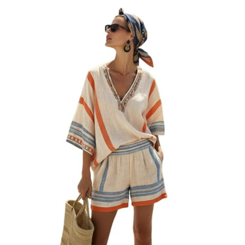 Akivide Women's Beige Orange Navy Boho 2 Piece Vacation Outfits - V Neck Striped Linen Top Elastic Waist Casual Shorts 2026 | Amazon (US)