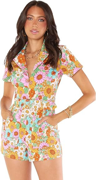 Show Me Your Mumu Outlaw Romper Flower Market Denim LG | Amazon (US)