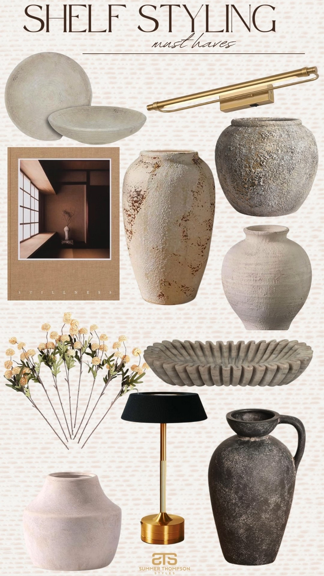 My shelf styling must haves! 

Vase. Ceramic. Pottery. Faux stems. Decorative books. Bowl. Touch lamp. Home decor. Decor accents. Neutral home  

#LTKHome #LTKFindsUnder100 #LTKSeasonal